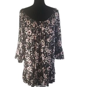 Terra Sky Black Pink Floral Ruffle Baby Doll Top Size 1X (16W-18W)